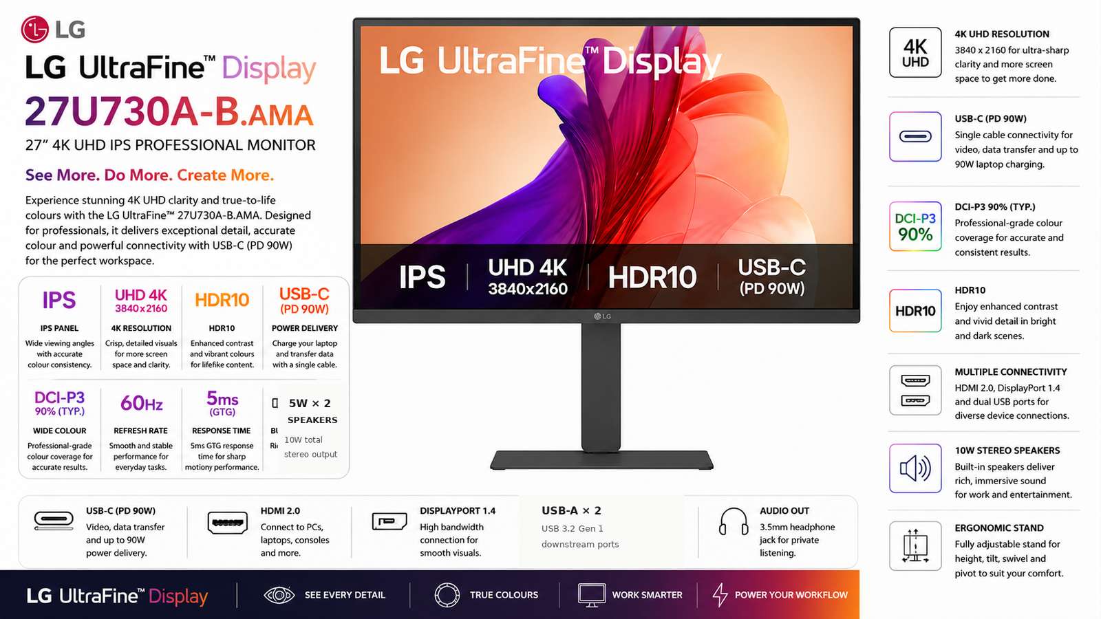 LG UltraFine 27U730A-B 27-inch 4K UHD IPS Monitor, 60Hz, 5ms GTG, HDR10, DCI-P3 90%, USB-C 90W Power Delivery, HDMI 2.0, DisplayPort 1.4, 10W Speakers, Ergonomic Pivot Stand, Black | 27U730A-B.AMA